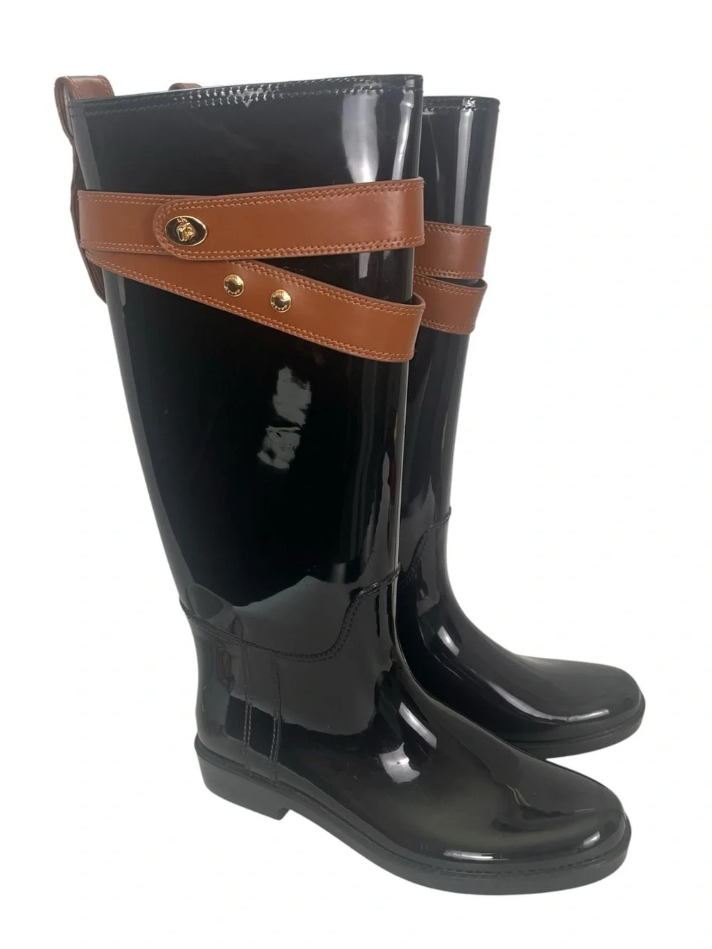 Coach Talia Knee High Rain Boots Size 10 Glossy Black Tall Town Country Preppy
